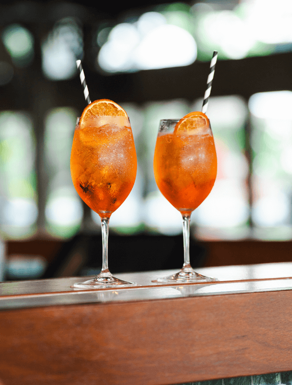 Two orange cocktails with citrus garnish